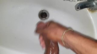 CAME IN THE SINK (milking my long nice cock in the sink.)