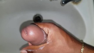 CAME IN THE SINK (milking my long nice cock in the sink.)