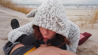 Ginger Redhead Amateur Public Cold Winter Beach Blowjob CIM & Cum Swallow