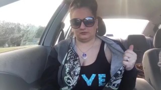 RISKY! Hot MILF flashing tits in public! Big natural boobs!!