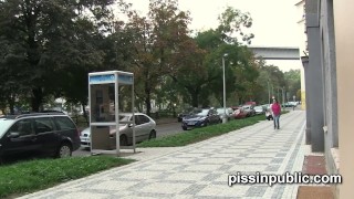 Crazy Czech girls are peeing in the middle of the city and get caught