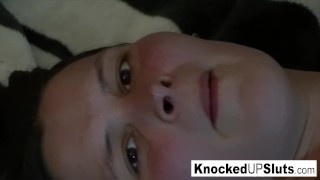 Brunette babe lets him cum on her pregnant belly