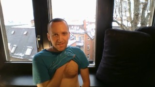naked fapping in front of window and cumming with socks, snowy day