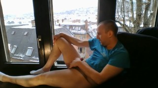 naked fapping in front of window and cumming with socks, snowy day