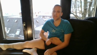 naked fapping in front of window and cumming with socks, snowy day
