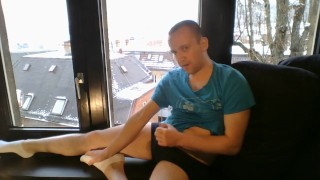 naked fapping in front of window and cumming with socks, snowy day