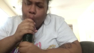 Mixed BBW sucks and GAGS on the big fake dick!