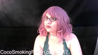 smoking with pink hair and green lingerie