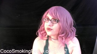 smoking with pink hair and green lingerie