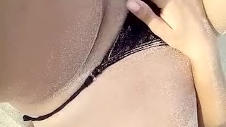 On the seashore public masturbating a Hot beautiful venezuelan redhead