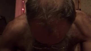 Self-Suck Sitting and Standing grey beard slim nerd hairy
