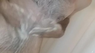 4k Mature solo male showering with big dick. (Bottom Camera)