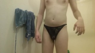 smooth twink-like bisexual gay man dances shakes hips in lace panties