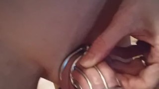 Slave in chastity and plugged, ordered to edge and cum
