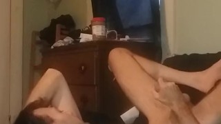 Completely nude mature male upside down cum on my stomach and chest. (4k)