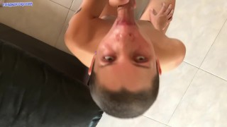 Naughty girl caught neighbor, suck him dry and share cum with him