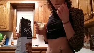 Fit teen with abs and munchies eating fetish smoking sneaky midnight snack
