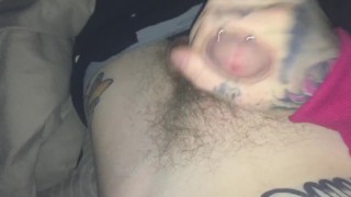 Close up cumshot from big hairy tattooed pierced dick