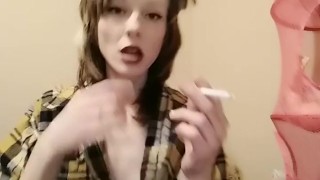 Rebel Angel smokes & eats candy in fishnets black lingerie & Daddys flannel