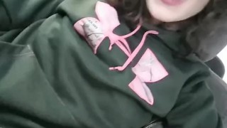 Horny girl driving in public pussy masterbation at busy grocery store