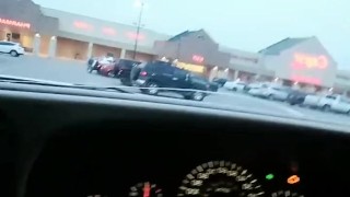 Horny girl driving in public pussy masterbation at busy grocery store