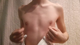Wearing my Mother Bra Crossdressing Skinny Boy with Bra and playing nipples
