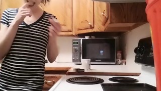 Sexy small babe boyshorts smoking cigarette w coffee kitchen counter tease