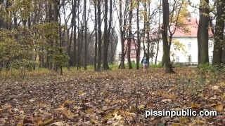 Cute girls expose peeing pussies and take a leak near the forest