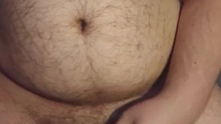 Fat Hairy Guy masturbating moaning cumming body view