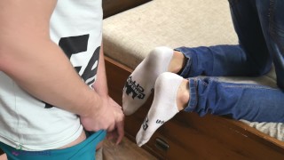 Fast cumshot on white, tight ankle socks