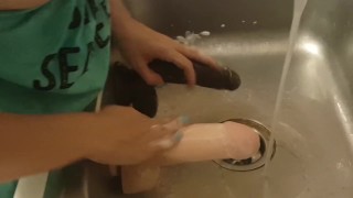 Wife cleaning sex toys in kitchen and touches herself!