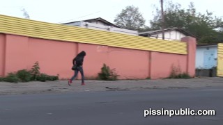 Lovely girls in tight jeans made it still in time to squat down and pee