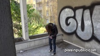 Lovely girls in tight jeans made it still in time to squat down and pee