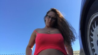 natural busty teen bares big tits in public to showoff/tease nearby cocks!