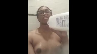 Tgirl pours milk and on herself