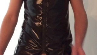 Showing Off Huge Uncut Cock in Latex Suit
