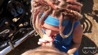 Outdoor footjob and blowjob with dreadlocks girl. Cum on the face