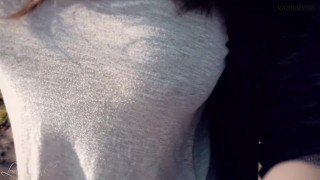 Bouncing Boobs in Shirt While Walking (Braless)