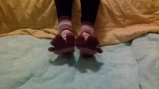 Spreading my toes and showing you my feet and soles in toe socks