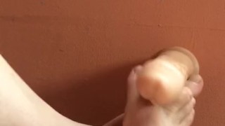 First time practicing footjob on 8” dildo