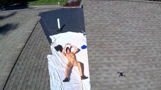 Drone caught naked male outdoors on roof jerking off nudist painting public