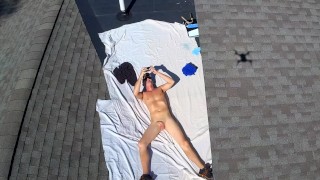 Drone caught naked male outdoors on roof jerking off nudist painting public
