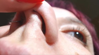 Angies full extreme close-up nose exploration: all angles, pinching...