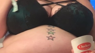 Mukbang Checkers Burger Stuffing Big Belly BBW Feedee Gainer