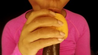 Big Tits Girl Wet Down Double Dick Dildo With Her Favorite Fruit!!!POV