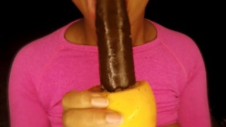 Big Tits Girl Wet Down Double Dick Dildo With Her Favorite Fruit!!!POV