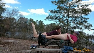 Toe curling fuck and creampie on a public picnic table