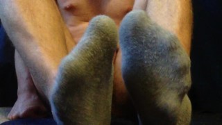 Jerking on my feet with roommate's socks