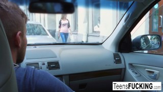 Busty blonde teen Lana See fucks in the kitchen