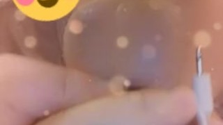 Deep throating dildo before masturbating in public bathroom